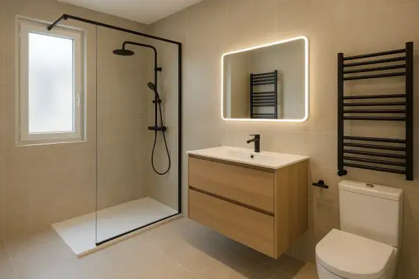 Salle de bain italienne petite surface avec douche, meuble vasque en bois, miroir lumineux et WC. Design moderne et épuré.