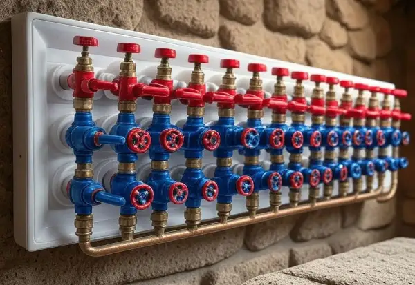 Un collecteur de plomberie avec de nombreuses vannes bleues et rouges, prêt pour une installation de chauffage ou de refroidissement.