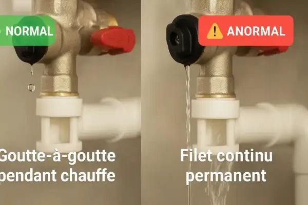 Comparaison d'un groupe de sécurité de chaudière : goutte à goutte normal vs. filet continu anormal.