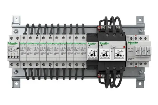 Disjoncteur pour cumulus Schneider, avec plusieurs modules de protection et câblage organisé.