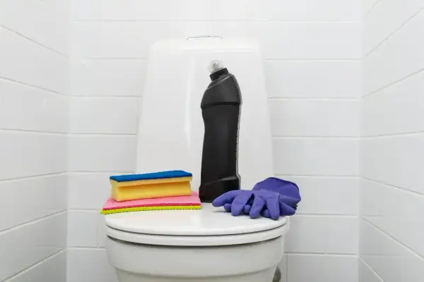 Produits de nettoyage pour les toilettes : une bouteille de produit, des éponges et des gants violets. Une astuce de grand-mère pour détartrer les wc.