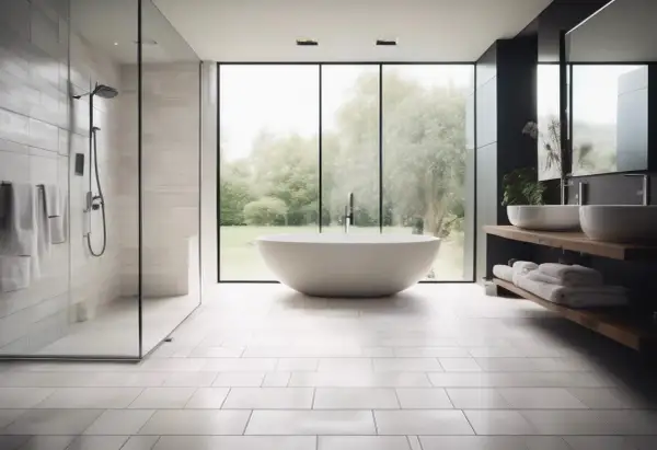 Salle de bain moderne avec baignoire îlot, douche vitrée et double vasque. Le sol de salle de bain blanc immaculé reflète la lumière naturelle.