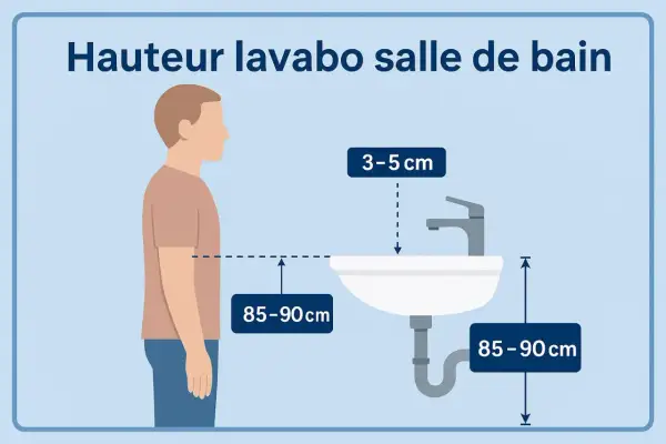 Illustration showing the ideal hauteur arrivée d'eau lavabo, entre 85 et 90 cm du sol. Le robinet est à 3-5 cm au-dessus du lavabo.