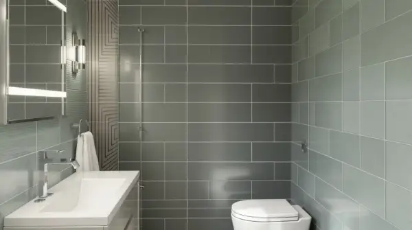 Salle de bain moderne avec lavabo, miroir éclairé et WC. Le carrelage sur placo gris et vert crée une ambiance épurée.