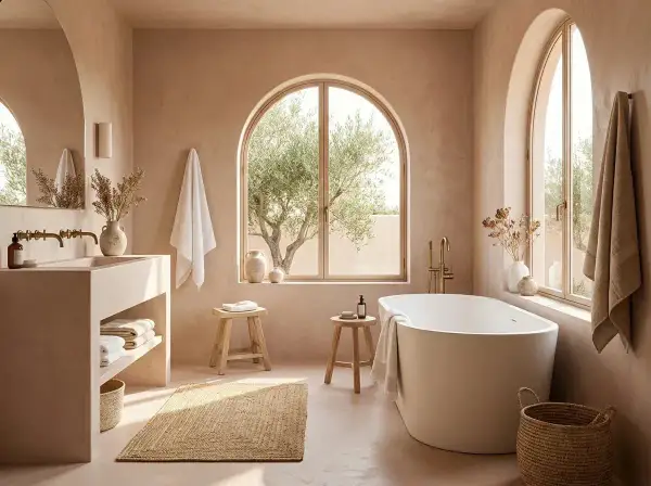 Salle de bain épurée avec baignoire îlot, lavabo en béton et vue sur un olivier. Une ambiance zen pour recouvrir le carrelage de votre salle de bain.
