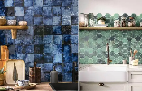 Carrelage zellige bleu profond et hexagones verts pour une cuisine ou une salle de bain.