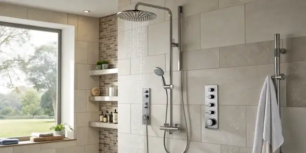 Colonne de douche moderne avec douchette et thermostat, idéale pour choisir sa colonne de douche parfaite.