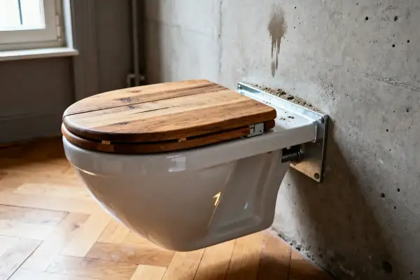WC suspendu avec abattant en bois, une solution moderne pour optimiser l'espace. La hauteur du WC suspendu est idéale pour un nettoyage facile.