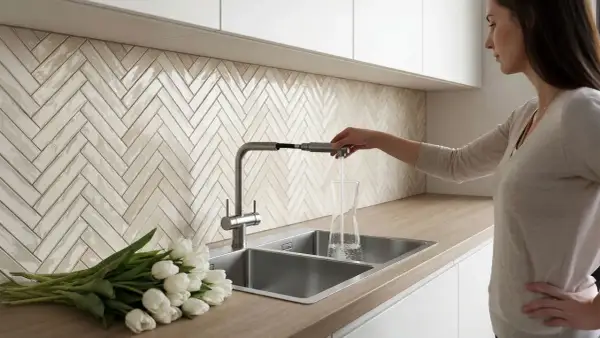 Une femme remplit un verre d'eau dans un évier de cuisine moderne. Lequel est la meilleure matière pour un évier de cuisine ? Le métal semble pratique.