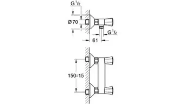 Schéma technique montrant l'entraxe robinet douche de 150 mm, avec dimensions pour installation.