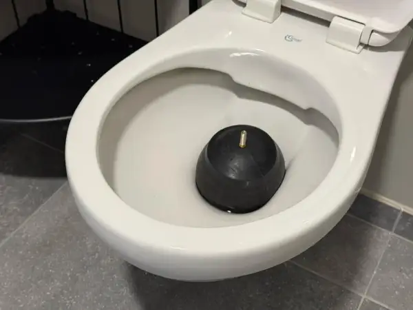 Un déboucheur en caoutchouc noir repose dans la cuvette d'un WC, prêt à résoudre les problèmes de diamètre d'évacuation WC.