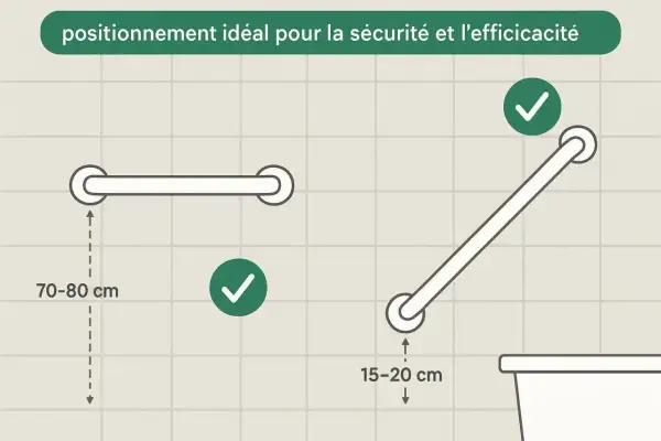 Schéma montrant les dimensions idéales pour les barres d'appui dans un wc pmr : 70-80 cm de hauteur pour une barre horizontale, 15-20 cm pour une barre inclinée.