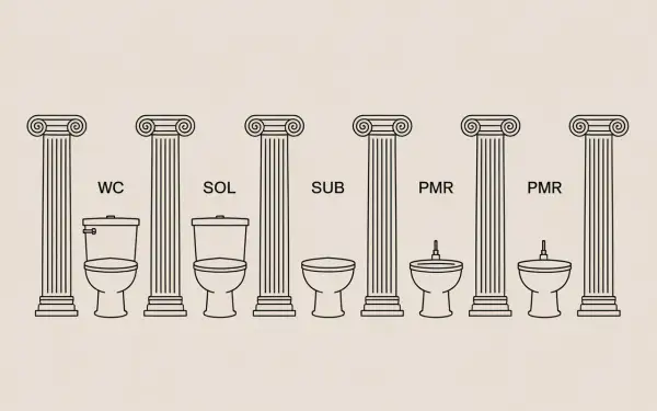 Comparaison de la hauteur sortie wc : WC, SOL, SUB, PMR. Différents modèles de toilettes présentés sous des colonnes antiques.