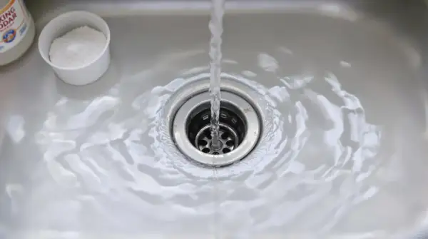Eau courante dans un évier, avec une tasse de bicarbonate de soude à côté, pour déboucher le lavabo.