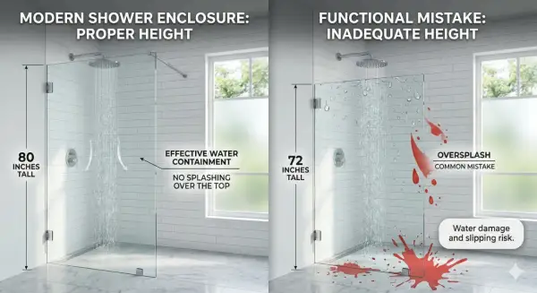 Comparaison de la hauteur paroi de douche : 80 pouces pour une bonne étanchéité, 72 pouces entraînant des éclaboussures et des risques.