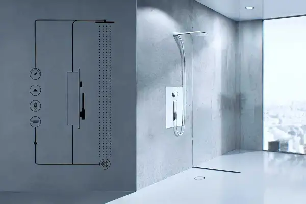 Schéma d'une douche moderne avec un système de douche recyclage eau. Le design épuré et la technologie innovante promettent une expérience de bien-être durable.