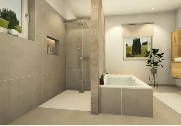 Salle de bain moderne avec douche à l'italienne spacieuse et baignoire. La dimension douche italienne est bien pensée pour un confort optimal.