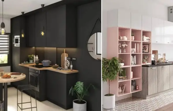 Cuisine salle à manger en longueur avec meubles noirs modernes et étagères roses décorées.