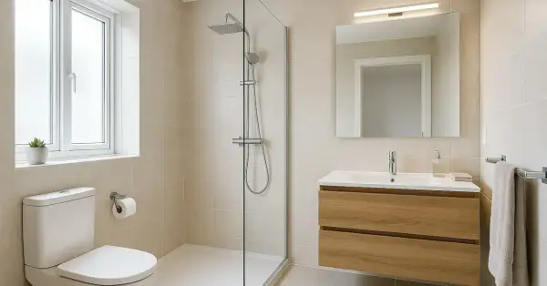 Salle de bain moderne avec douche à l'italienne, meuble vasque en bois, miroir et fenêtre. Idéal pour un remplacement baignoire par douche.