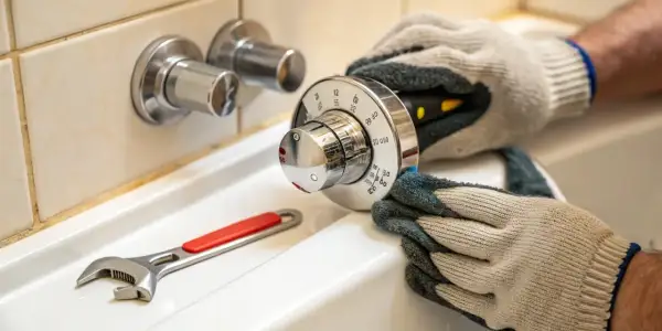 Main d'un bricoleur en gant essayant de réparer un robinet thermostatique bloqué chaud, avec une clé à molette à proximité.