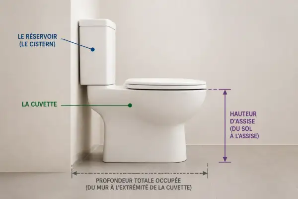 Vue latérale d'un WC blanc, avec des annotations indiquant la dimension wc : hauteur d'assise, profondeur totale occupée, réservoir et cuvette.