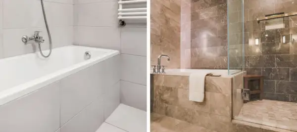 Carrelage clair autour d'une baignoire blanche à gauche, et carrelage marron élégant autour d'une baignoire à droite, avec une douche vitrée.