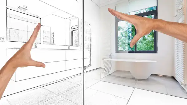 Plan d'une salle de bain moderne avec baignoire îlot et douche sans porte.