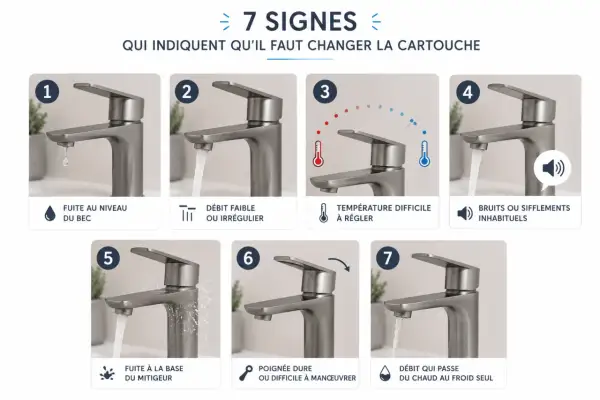 7 signes indiquant qu'il faut changer la cartouche du mitigeur : fuites, débit faible, température instable, bruits, poignée dure.