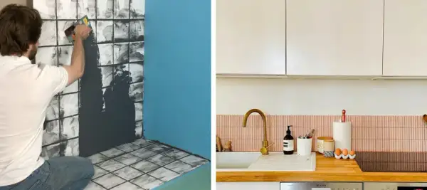 Application de mortier pour recouvrir la faïence d'une cuisine, et une crédence rose installée au-dessus d'un évier.