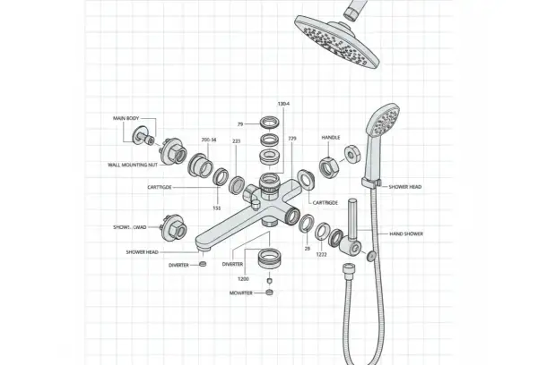 Schéma technique d'un mitigeur de douche, montrant les pièces pour le changer. On y voit le corps principal, la cartouche, la poignée et les douches.