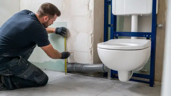 Un ouvrier mesure la hauteur idéale pour l'installation d'un WC suspendu, pensant à la hauteur wc personnes âgées pour un confort optimal.