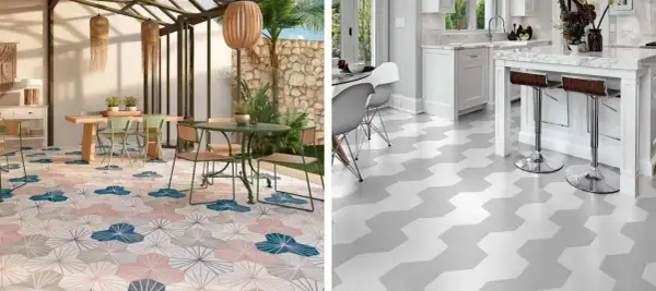 Calepinage carrelage 60x60 : sols géométriques et floraux pour terrasses et cuisines modernes.